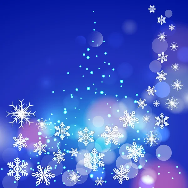 Fondo azul invierno abstracto con copos de nieve y tr Navidad — Vector de stock