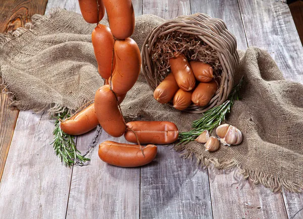 Sausages Garlic Old Wooden Table Stock Picture