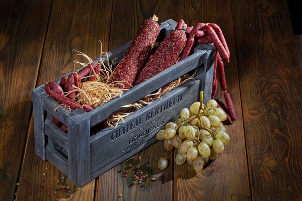 Sausage Bunch Grape Wooden Box Royalty Free Stock Photos