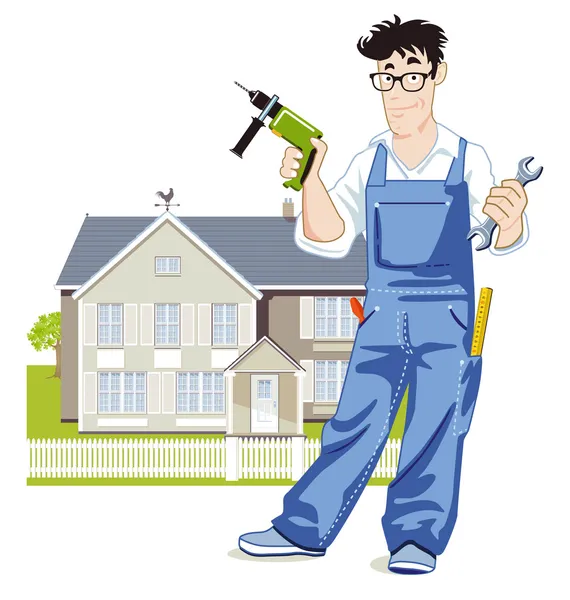 Handyman con casa — Vector de stock