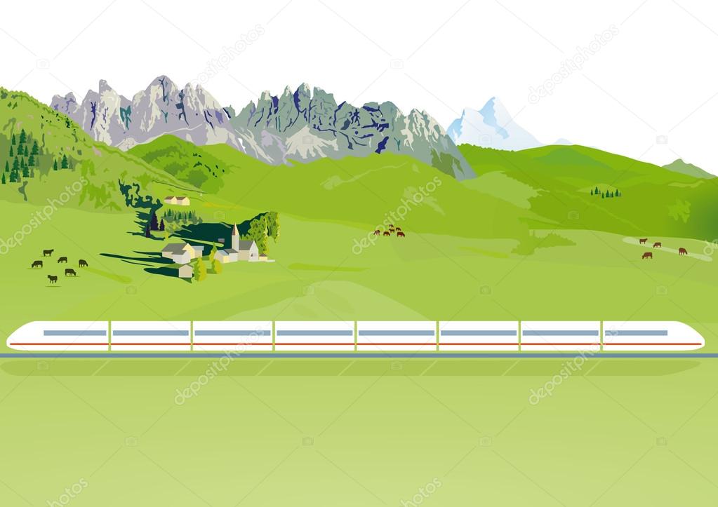 Express train in a mountain landscape