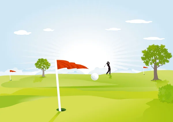 Grönt golffält med röd flagga — Stock vektor