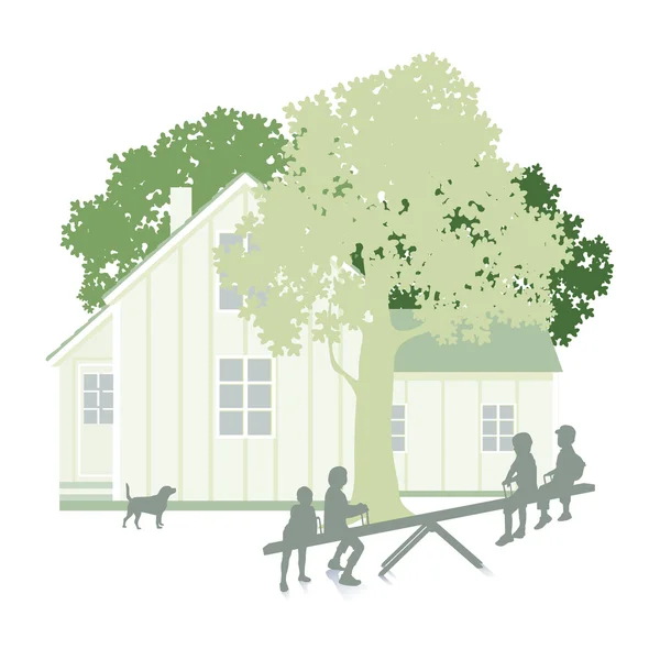 Jardin avec maison et enfants isolés sur blanc — Image vectorielle