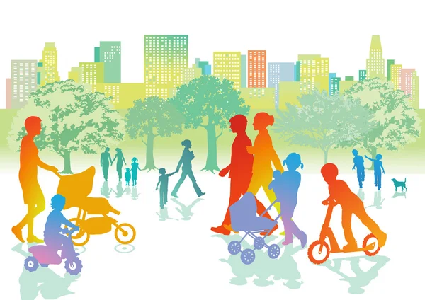 Küçük çocuklu aileler parkta yürüyüş — Stok Vektör