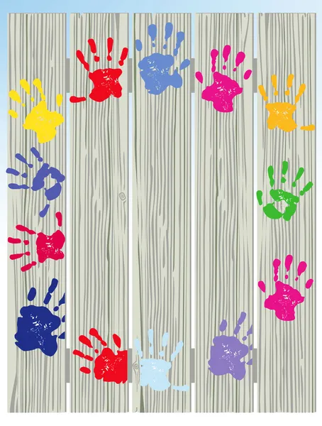 Barn handavtryck på staket — Stock vektor