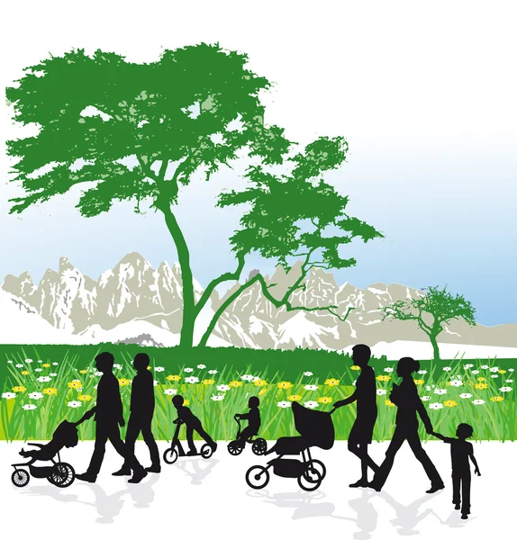 Families in mountain landscape — Stock Vector