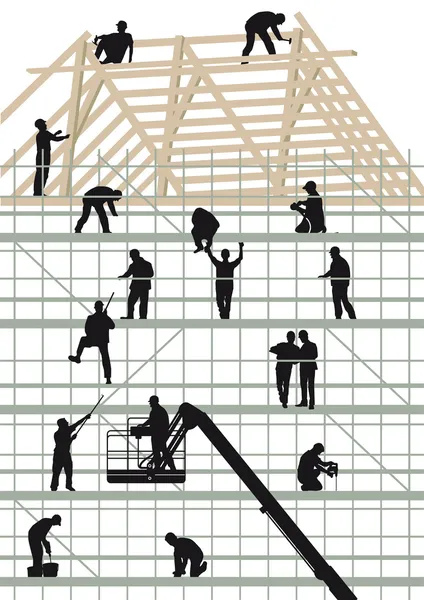 Trabajadores de la construcción construyendo una casa — Vector de stock