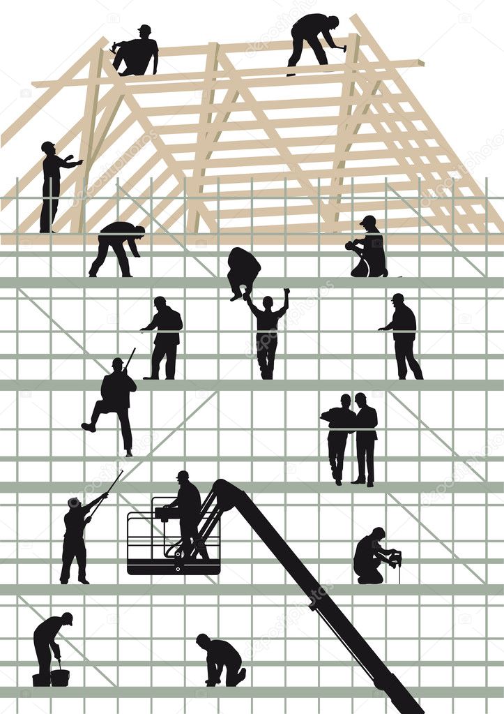 Construction workers building a house