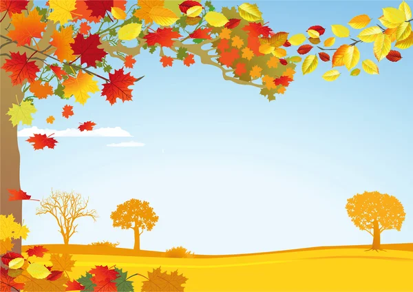 Red and yellow leaves against a bright blue sky — Stock Vector