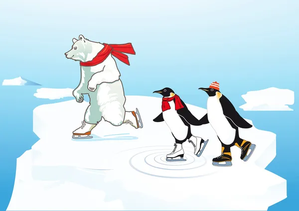Kutup ayısı ve penguen buz pateni — Stok Vektör
