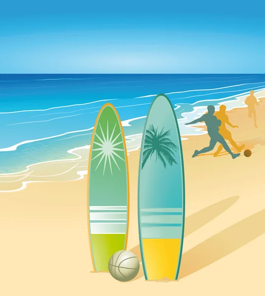 Tablas de surf en la playa — Vector de stock