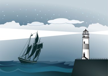 Coast with lighthouse and sailing ship clipart