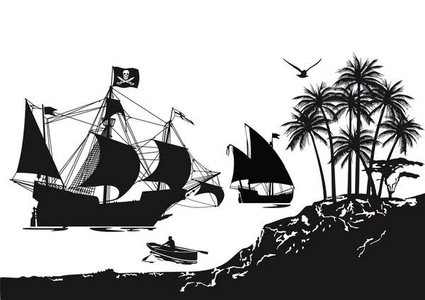 Piratenschiff mit tropischer Pirateninsel — Stockvektor