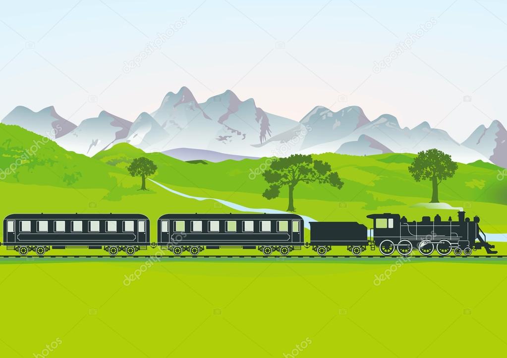 Steam train in front of mountain meadow