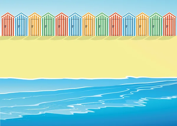 Playa con cabañas de playa — Vector de stock