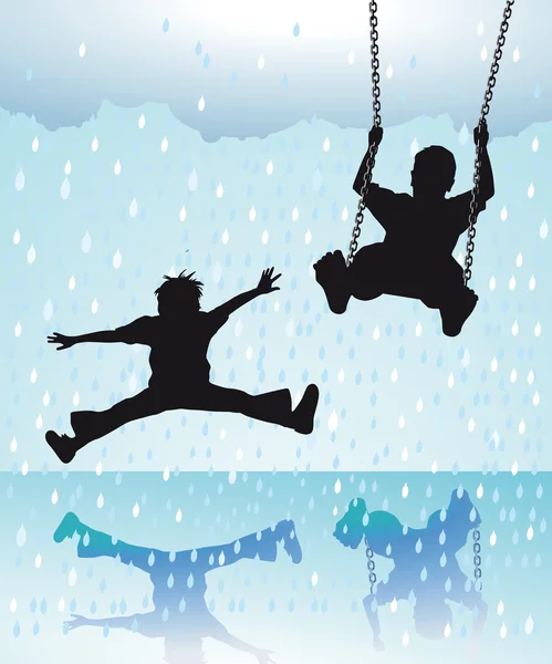 Bambini che giocano sotto la pioggia — Vettoriale Stock