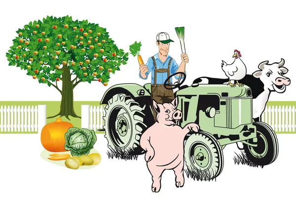 Farmer on Tractor with his animals — Stock Vector