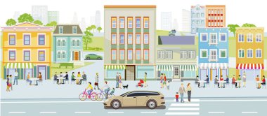 Şehir hayatı, restoranlar, alışveriş caddeleri, illüstrasyonlar