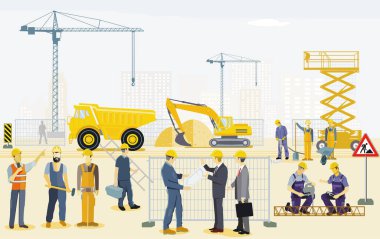 Kazıcı, tamirci ve mimar illüstrasyonlu inşaat alanı