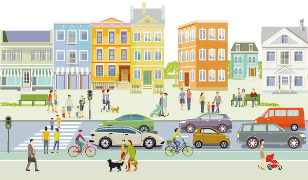 Voorstad Met Voetgangers Wegverkeer Illustratie — Stockvector