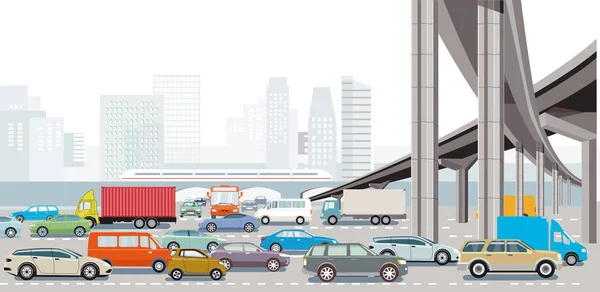 Nagy Város Csúcsforgalomban Közlekedési Dugó Tömegközlekedési Illusztráció Kereszteződésével — Stock Vector