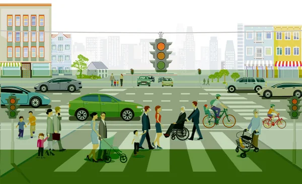 City Silhouette Road Traffic Pedestrians Zebra Crossing Illustration — Stock Vector