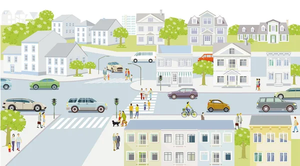 Семьи Люди Тротуаре Иллюстрацией Дорожного Движения — стоковый вектор