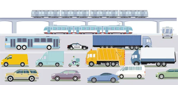 Autosnelweg Met Sneltrein Vrachtwagen Personenauto — Stockvector