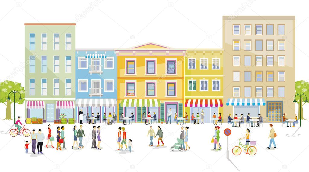 City life, with restaurants pedestrians and families at leisure, illustration