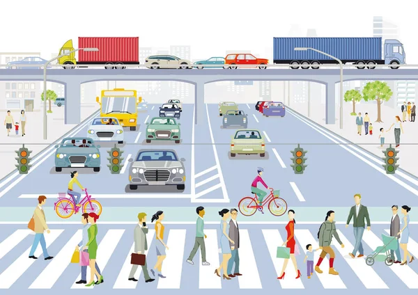 道路交通和人行横道上的行人 — 图库矢量图片