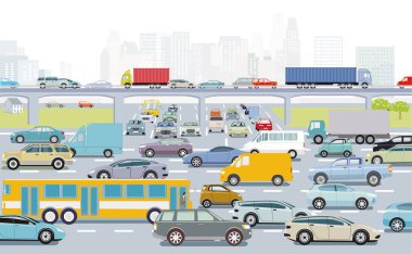 Trafik sıkışıklığı ve toplu taşıma illüstrasyonunda kavşağı olan yoğun saatlerde büyük şehir
