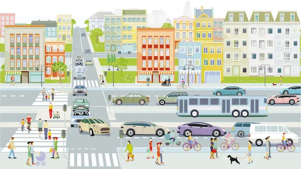 Ville Avec Piétons Circulation Routière Illustration — Image vectorielle