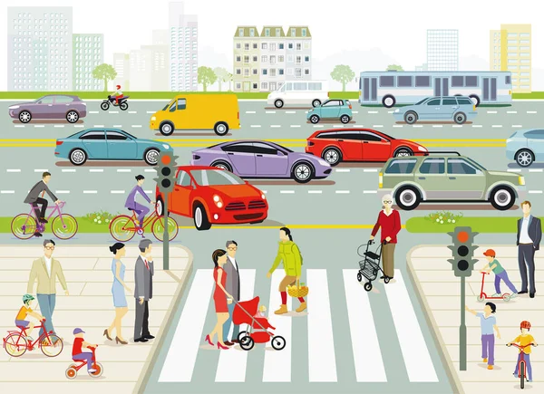 Stadt Mit Fußgängern Und Straßenverkehr Illustration — Stockvektor