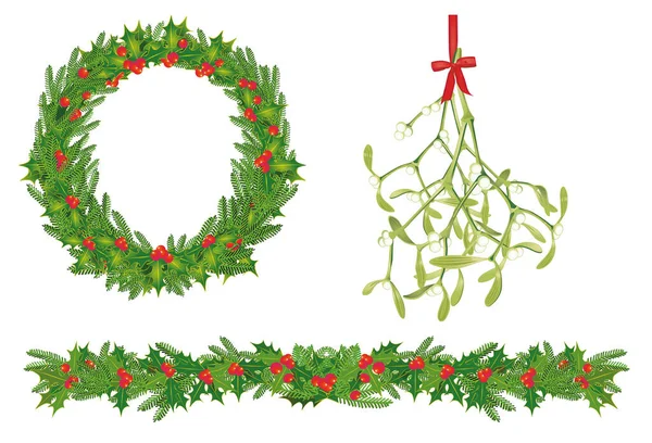 Traditional Christmas Decoration Mistletoe Garlands Illustration Isolated White Background — Stock Vector