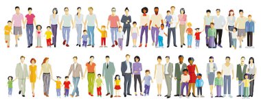 Ebeveynler ve çocuklar, aile grupları beyazlar üzerinde izole edilmiş, resimleme