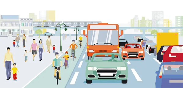 Stadt Mit Bus Und Radfahrern Und Verkehr Illustration — Stockvektor