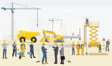 Kazıcı, mimar ve ağır kamyonlu inşaat alanı