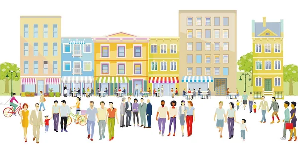 Gente Ocio Una Ciudad Con Restaurantes Bistrós Ilustración — Vector de stock