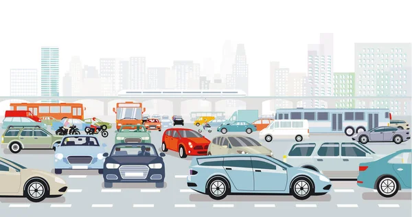 大城市在交通拥挤和公共交通插画的交叉口的高峰时间 — 图库矢量图片