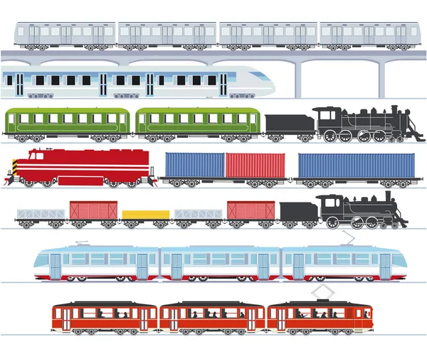 Ensemble Trains Voyageurs Modernes Métro Trains Grande Vitesse Métro Tramway — Image vectorielle