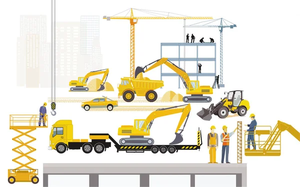 掘削機 手動および建設機械 イラスト付きの建設現場 — ストックベクタ