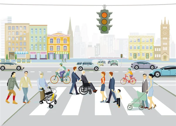 Большой Город Пешеходами Дорожным Движением Иллюстрация — стоковый вектор