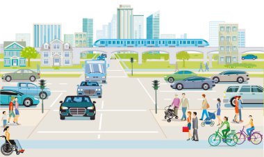 Yayaların, yol trafiğinin, illüstrasyonların olduğu büyük bir şehir.