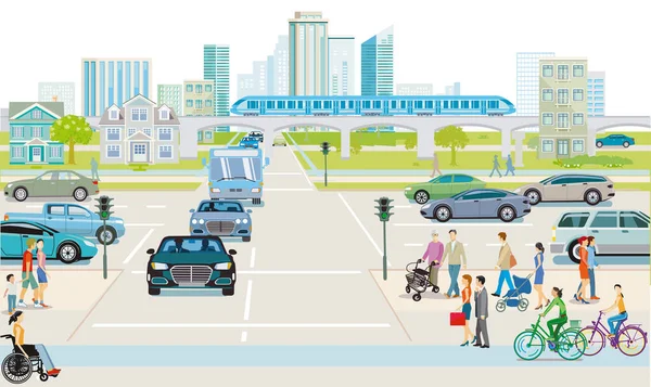 Nagyváros Gyalogos Közúti Közlekedéssel Illusztráció — Stock Vector