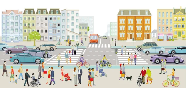 レジャー時の住宅地や道路交通 歩行者や家族の都市生活 イラスト — ストックベクタ
