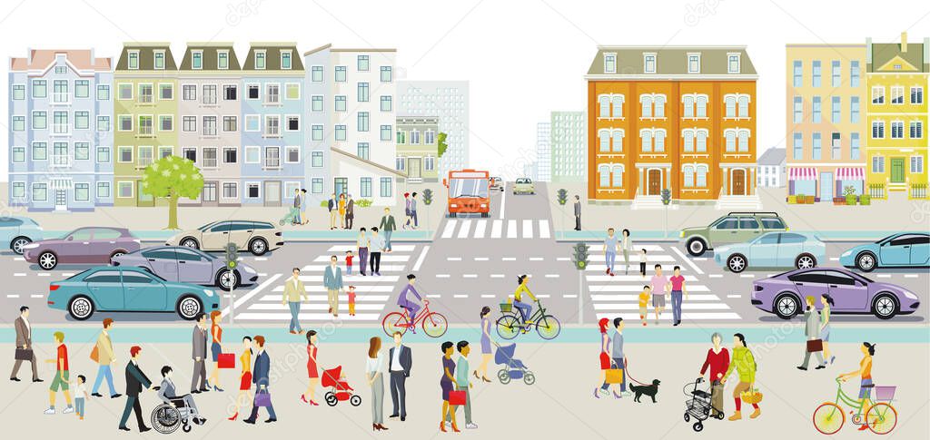 Urban life in the residential district and road traffic, pedestrians and families in leisure time, illustration