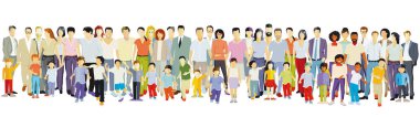 Ebeveynler ve çocuklar, aile grupları beyazlar üzerinde izole edilmiş, resimleme