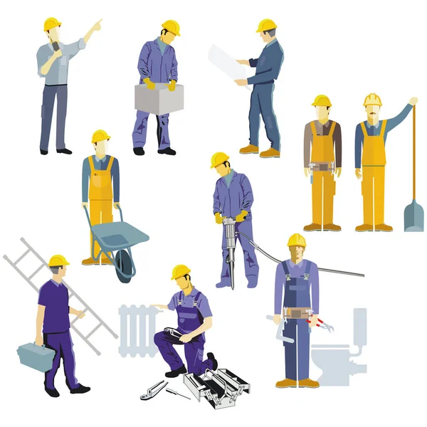 Handwerker Und Bauarbeiter Isoliert Auf Weiß Illustration — Stockvektor
