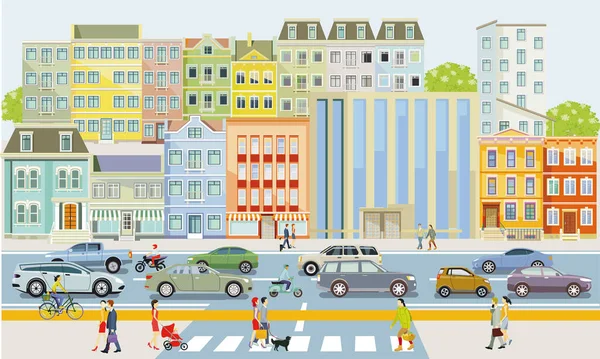 Ciudad Con Peatones Tráfico Por Carretera Ilustración — Vector de stock
