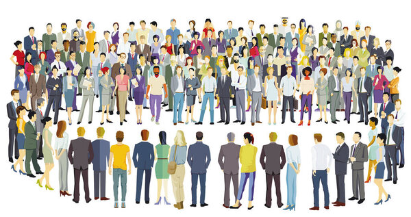 a large group of people together, on a white background. illustration